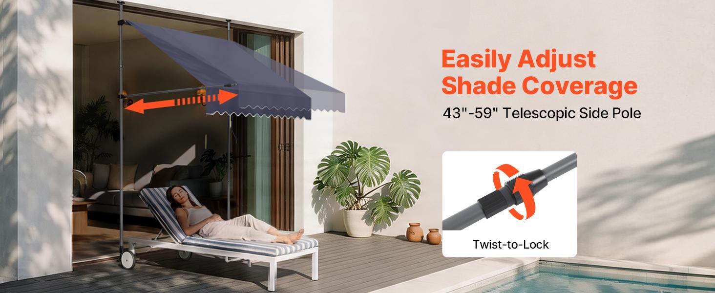 VEVOR Manual Retractable Awning, 59" Outdoor Retractable Patio Awning Sunshade Shelter, Height Adjustable Patio Door Window Canopy with Manual Crank Handle for Backyard, Garden, Balcony, Dark Gray