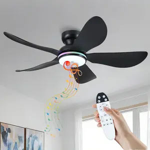 Modern Black Flush Mount Ceiling Fan with Speaker & Dimmable LED Smart Low Profile 36 inch/46 inch RGB Music Sync App Control for Bedroom & Gaming Room 8922