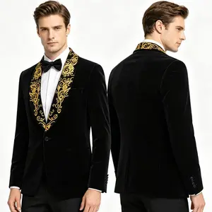 Men's Velvet Blazer, Gold Embroidered Suit Jacket, Black Tuxedo for Wedding Party Prom