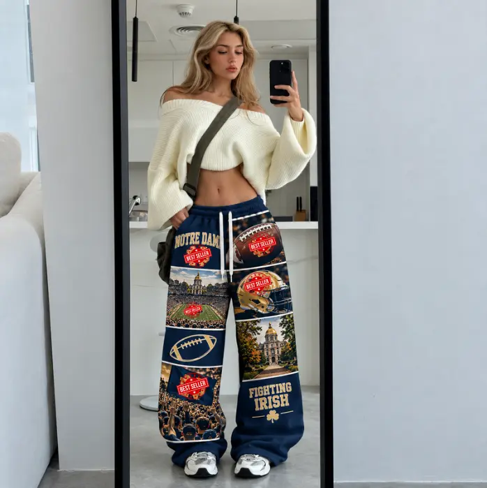 ND Football Loose Sweatpants, Fighting Inspired Wide Leg Pants, Vintage College Game Day Streetwear, Fan Gift