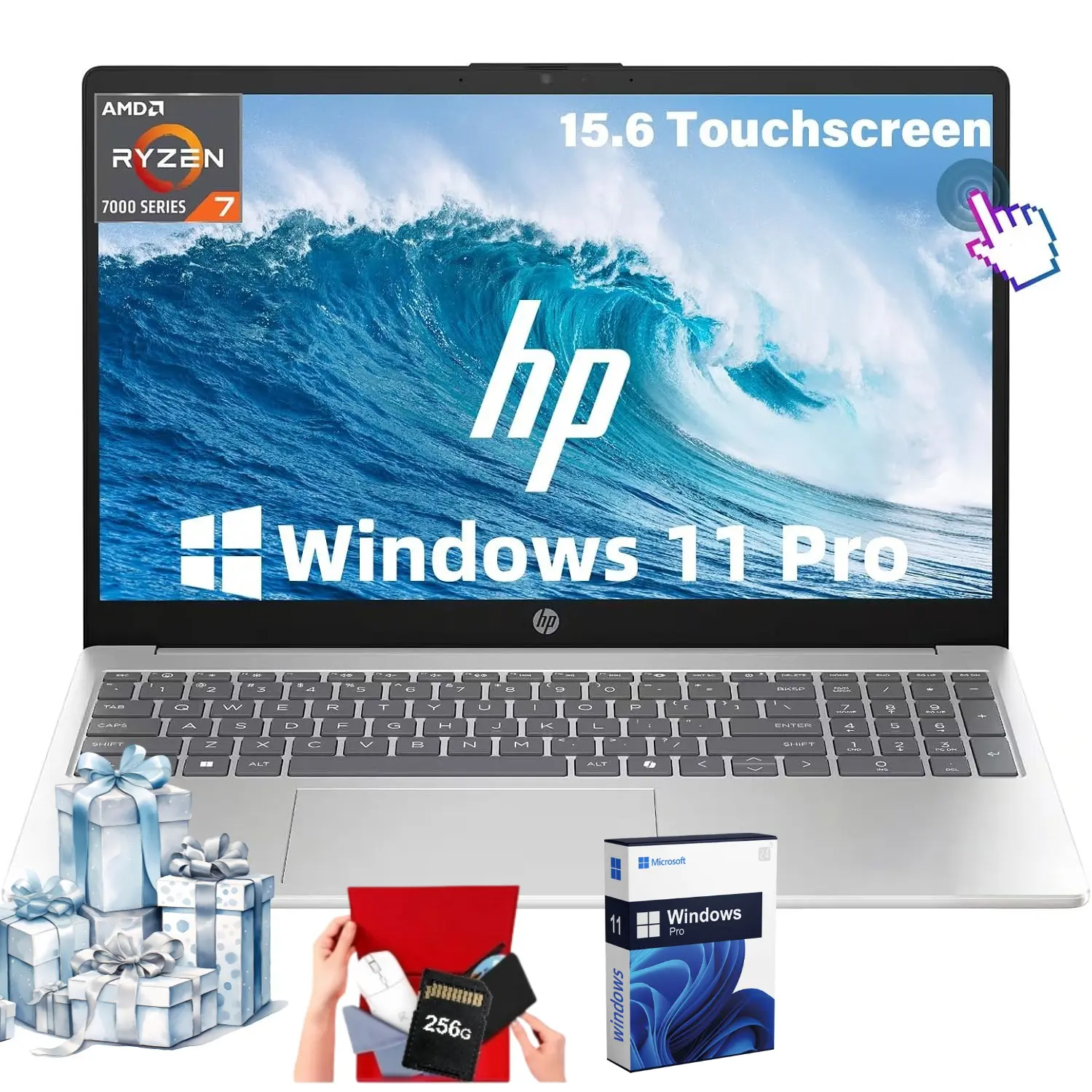 HP 15.6 Inch FHD Touchscreen Portable Laptop, AMD Ryzen 7 7730U, Up to 32GB RAM, 1TB SSD, Copilot AI Key, WiFi 6, Fast Charge, Windows 11 Pro for Business & Study, Bundle Accessories Included