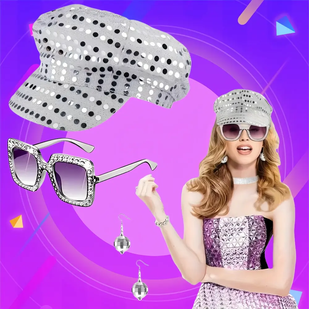 3pcs/Set Vintage Disco Women\'s Clothing Set - Including Glasses, Hat, Earrings EUPSIIU Pack of 3 Disco Costume Accessories - 70s 80s  main image 4