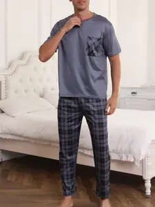 Men's Spring Summer Striped Print Sleepwear Set, Casual Round Neck Short Sleeve Pocket T-Shirt and Plaid Long Pants, Comfortable Home Wear