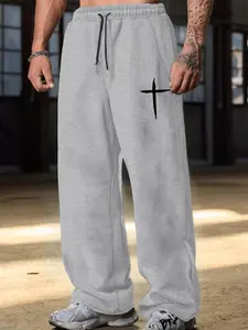 Men's Cross Graphic Baggy Sweatpants, Gothic Streetwear Wide Leg Joggers, Casual Drawstring Trousers with Pockets #GothicStreetwear #CrossPants #WideLegJoggers #MensStreetwear #TikTokMadeMeBuyIt