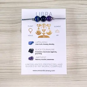 Libra Zodiac Adjustable Sliding Knot 3 Bead Bracelet With Affirmation