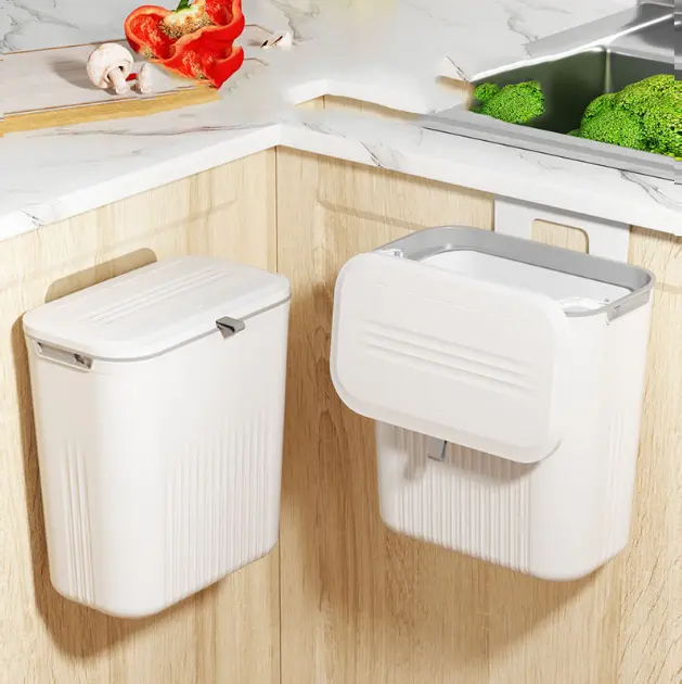 2.4 Gallon Hanging Trash Can - Small Under Sink Trash Can with Lid, Wall Mounted Garbage Bin for Kitchen & Bathroom Cupboard, Odor-Control, Extended Clamping Ring, White