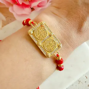 San Benito Red String Bracelet with Red Beads and Cubic Zirconia Gold Plated Square Charm