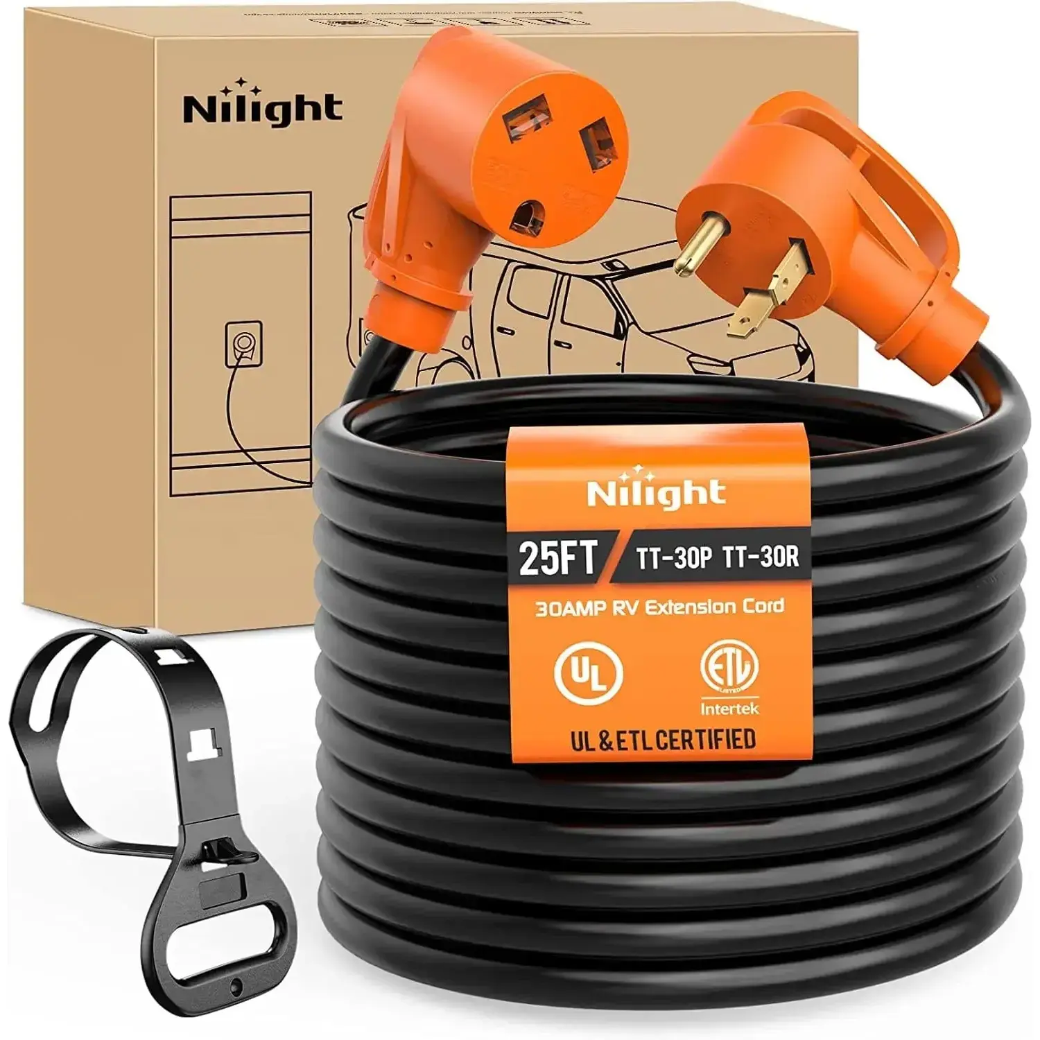 Nilight 30 Amp 25FT RV Extension Cord 125V Heavy Duty 10 Gauge Pure Copper STW Wire UL ETL Listed 3 Prong TT-30P TT-30R 30F/30M Weatherproof Suit for Camper Caravan Trailer Outdoor