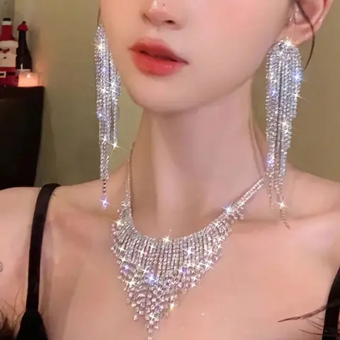 Women's 2-Piece Glam Tassel Rhinestone Jewelry Set - Matching Multi-Item Metal Coating Necklace & Earrings, Sparkling Costume Accessory for Party, Wedding, Birthday