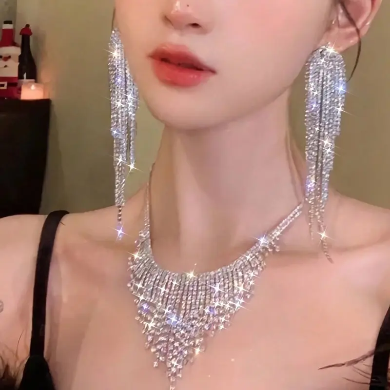 Jewelry Sets for Women, 2-Piece Glam Tassel Rhinestone Necklace and Earrings, Sparkling Accessory for Party and Wedding