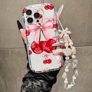 Sweet Bowknot Cherry Pattern Phone Case, Floral Lanyard, Anti-Drop Thickened Cover for Halloween Christmas, Compatible with Multiple Iphones