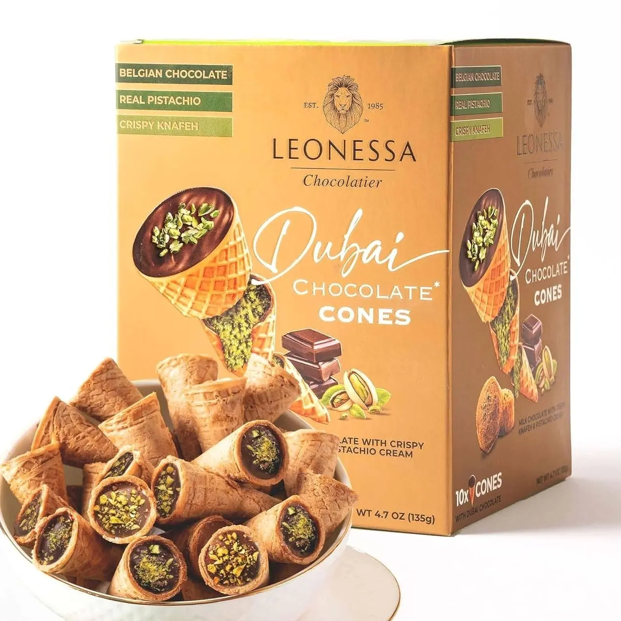 Leonessa Dubai Chocolate Cones with Pistachio Kunafa | Made with Premium Belgian Chocolates | Kunafa Chocolate | Chocolates de Dubai - 4.7 oz