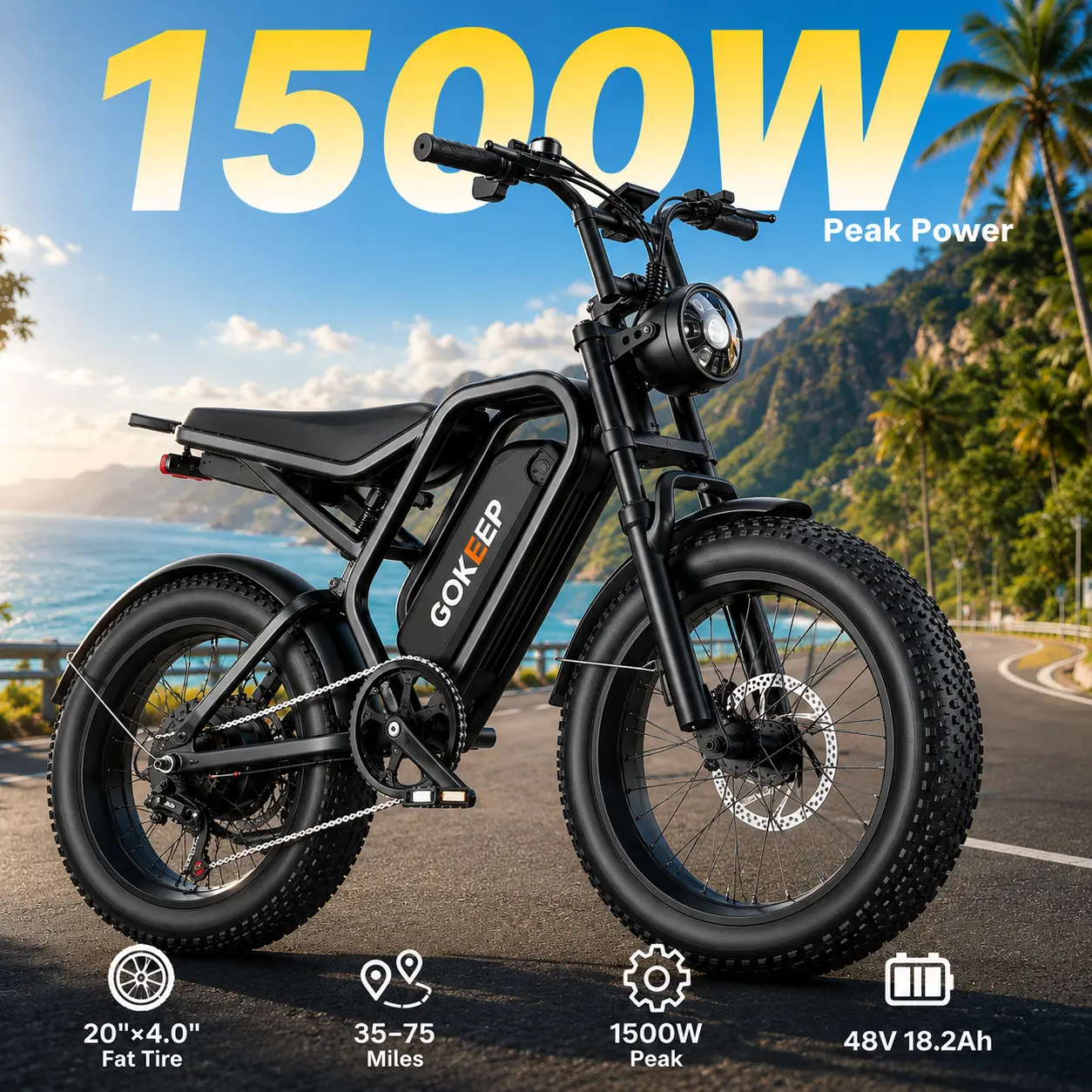 All-Terrain Outdoor Fat Tire Electric Commuter Bike - 20x4.0in Tires, 1500W Peak Motor, 20MPH Max Speed, 48V 18.2Ah Removable Battery, 35-75Mi Range, NFC Unlock, 7-Speed Gear, Dual Disc Brake, High-Carbon Steel Frame for Daily Travel