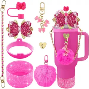 Bling Accessories for Cup 40oz & 30oz Tumbler Including Silicone Cute Bow Straw Topper Cover, Silicone Boot for Cup,Leather Water Bottle Handle Strap, Charms(Rose)