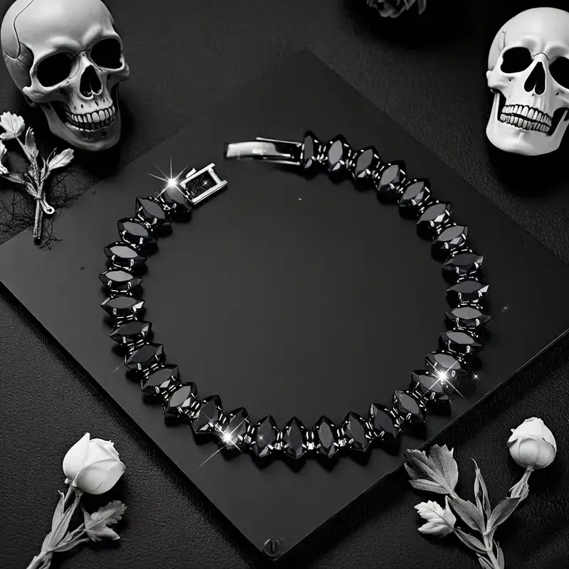 Black Marquise Cut Tennis Bracelet, Unisex Gothic Hip-Hop Jewelry with Synthetic Zircon, Chic Hypoallergenic Accessory for Halloween or Valentine's Day, Bracelets