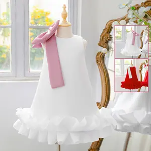 3-8Y White 6123 Kids Clothes Flower Girls Frock 3D Bow Ruched Ball Gown Pageant Children Elegant Princess Prom Host Formal Evening Party Banquet Cocktail Dress