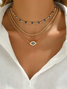 3-Piece Metal Chain Devil Eye Pendant Necklace Set, Simple Necklaces for Women, Perfect for Daily Wear and Parties