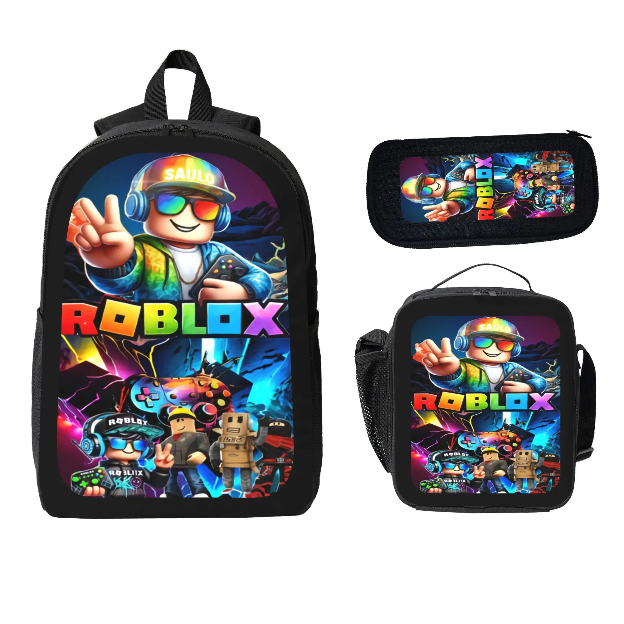 Roblox-themed 3-piece set (suitable for school or travel)—includes an Oxford fabric backpack, lunch bag, and pencil case; features vibrant game character prints, adjustable shoulder straps, and zipper closures.