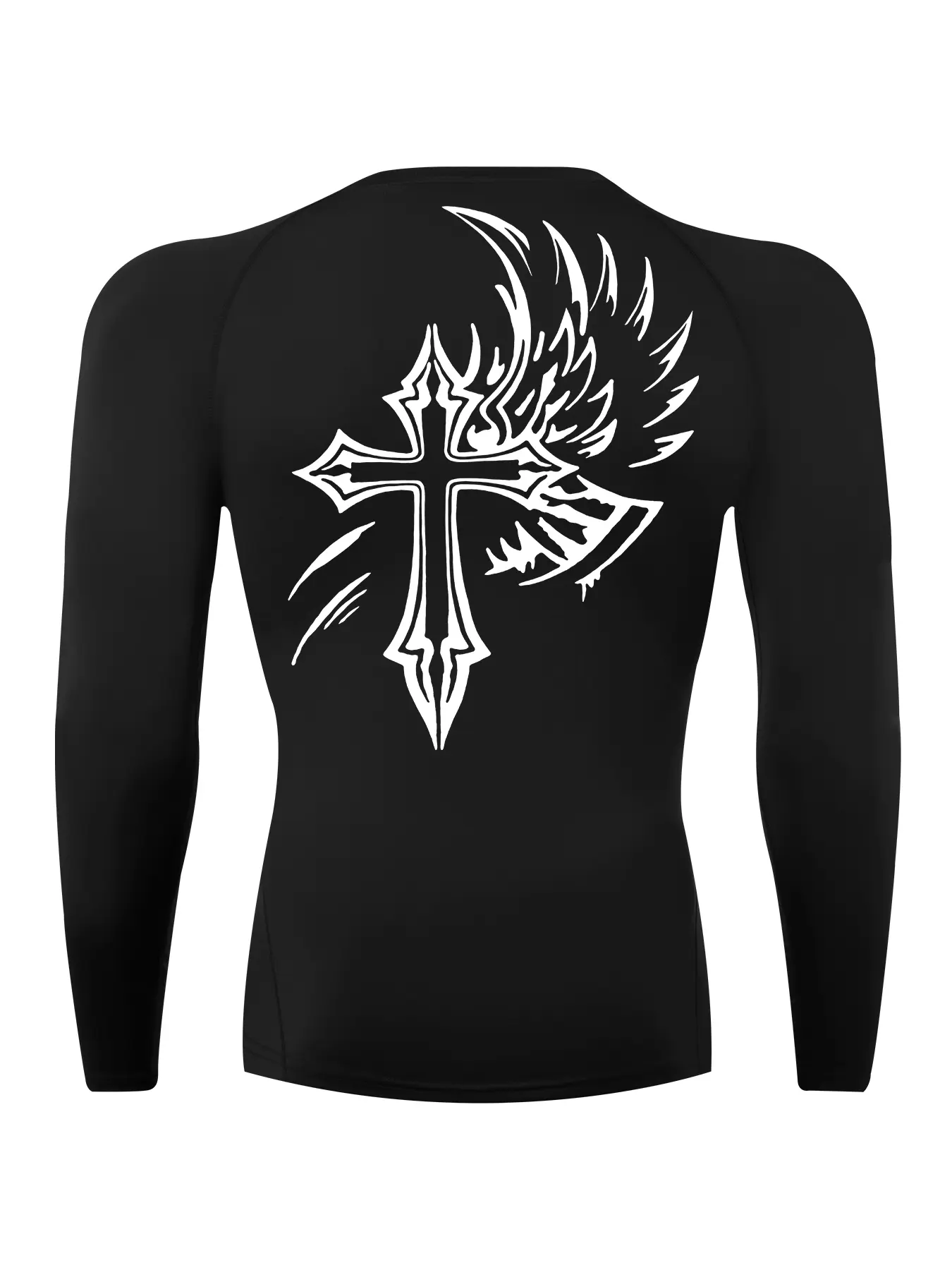 Cross Wings Print Long Sleeve Compression Shirt for Men, Spring & Fall Gym Running Workout Baselayers Undershirts Tops, Quick-Dry Breathable Sportswear