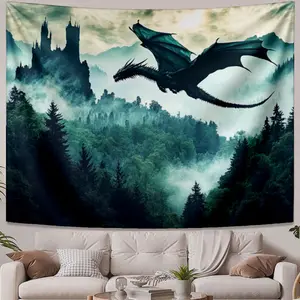 Indoor tapestries Dragon flying over misty forest and castle Cool Ideal for game rooms and office decor