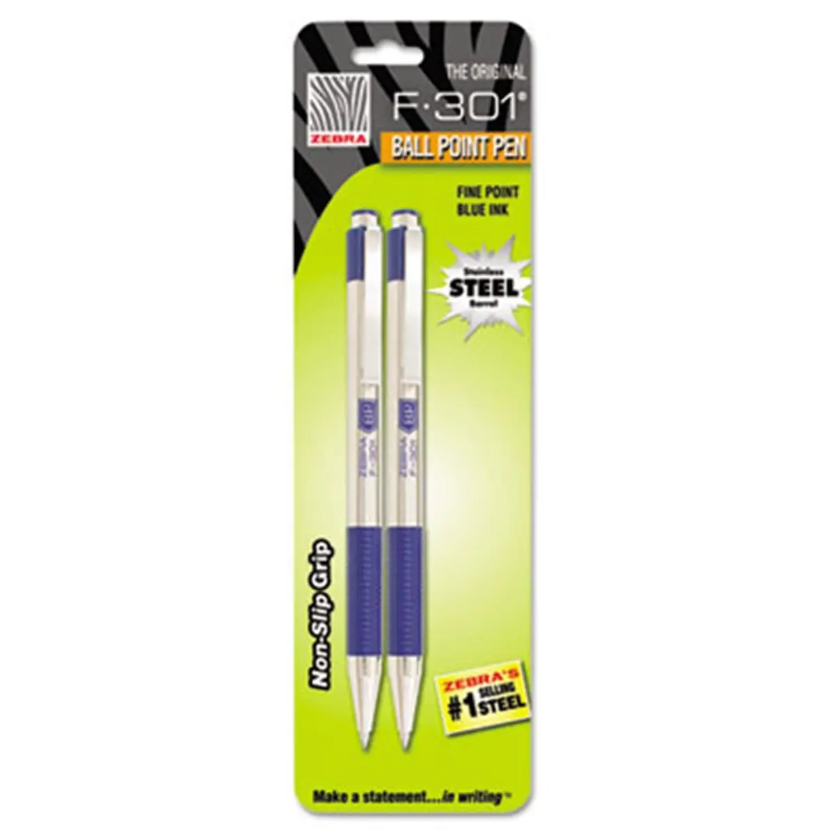 Zebra 27122 F-301 Retractable Ballpoint Pen - Blue Fine Point, Checkered No-Slip Grip, Pocket-and-Purse Protecting Office Writing Tool, 2 per Pack, Checkered Grip, Protects Pockets And Purses