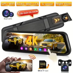 9.66-inch 4K Car Dual Lens WIFI (Viidure) Touch Screen HD Rearview Mirror Driving Recorder With 1080P Rear Pull + Gravity Sensor +GPS, Automobile recorder support Dual camera, ADAS+BSD+LCA, WIFI & APP, Reverse Help, Loop Recording with 64GB Card