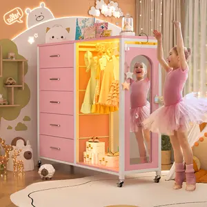 5-Drawer LED Bedroom Dresser with Full-Length Mirror, Clothes Rack, and Built-in Charging Station – Multifunctional Storage Solution for Bedroom, Living Room, or Foyer, Featuring Versatile Design, Magic LED Lighting, and Easy Mobility