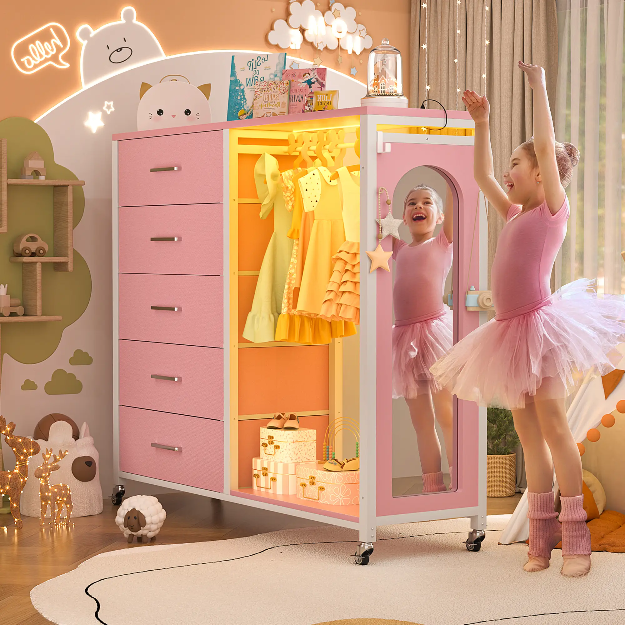 5-Drawer LED Bedroom Dresser with Full-Length Mirror, Clothes Rack, and Built-in Charging Station – Multifunctional Storage Solution for Bedroom, Livi