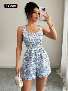 Women's Floral Print Romper, Casual Boho Sleeveless Romper for Summer, Fashion Women's Clothes for Daily Wear, Overalls
