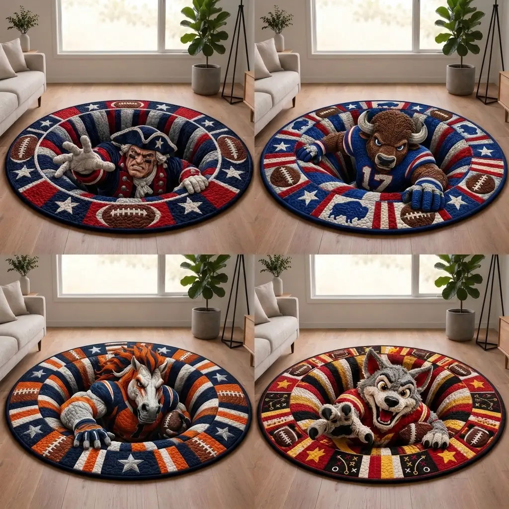 3D Football Mascot Illusion Quilted Patchwork Round Area Rug, Optical Illusion Vortex Sports Floor Mat, Non-Slip Washable Carpet For Living Room Game Room Man Cave, American Football Fan Bedroom Decor, Sports Lover Housewarming Gift