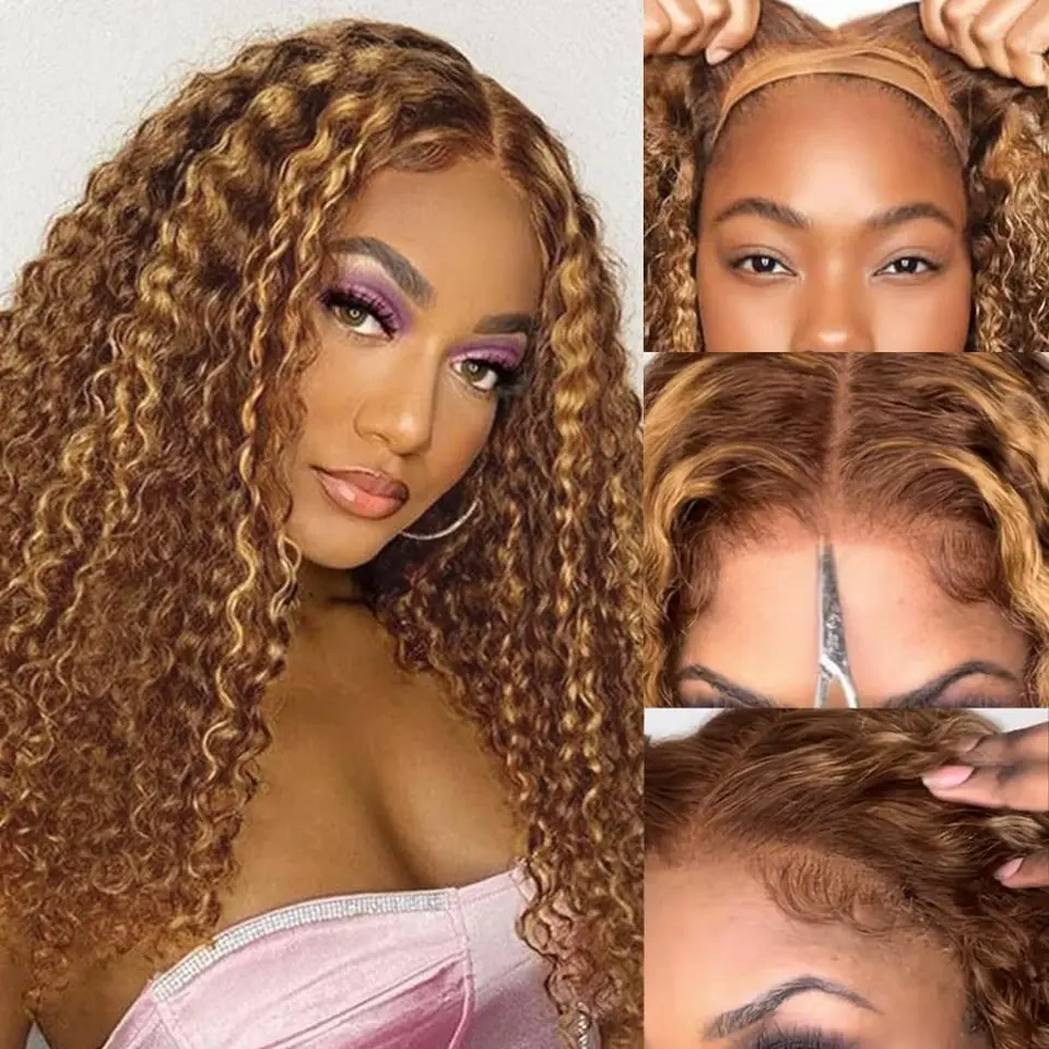 Wear and Go Glueless Wigs Human Hair Pre Cut 14 Inch Short Curly Bob Wig Human Hair Glueless 13x4 HD Pre Cut Lace Front Wigs Ombre Deep Wave Curly Hair 5/27 Honey Blonde Highlights Hair for Women