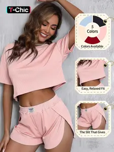 Women's Summer Ribbed Pajama Set, Casual Basic Round Neck Short Sleeve Top & Elastic Waist Shorts, Comfortable Cozy Home Wear, Loungewear, Nightwear, Two-Piece Matching Pyjamas, Womenswear, Pjs