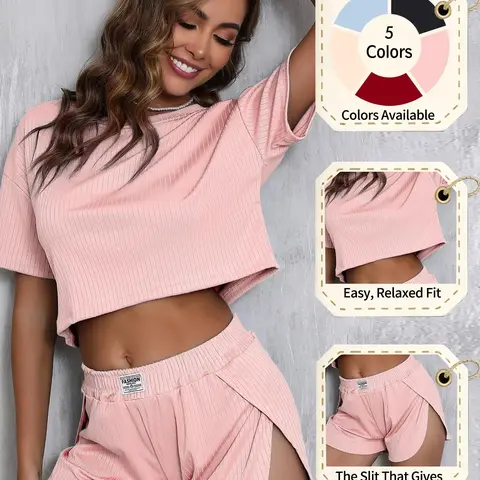 Women's Summer Ribbed Pajama Set, Casual Basic Round Neck Short Sleeve Top & Elastic Waist Shorts, Comfortable Cozy Home Wear, Loungewear Pajamas Set, Nightwear, Two-Piece Matching Pyjamas, Womenswear, Homewear Pjs, Casual Pajama Sets