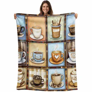 Watercolor Coffee Flannel Fleece Throw Blanket for Couch Chair Sofa Bed, Lightweight Soft Blanket for Women Men, Retro Coffee Patchwork Warm Cozy Blankets for All Season