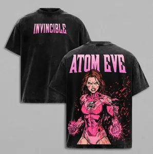 Retro Washed Atom Eve Invincible Power T-Shirt, Double-Sided Print Unisex Streetwear Tee, Loose Fit Casual Short Sleeve for Men & Women