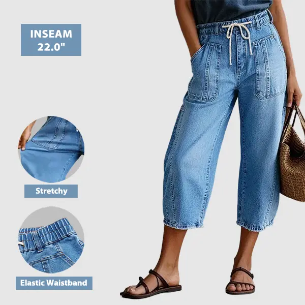 Flamingals Raw Hem Drawstring Mid Waist Barrel Leg Capri Jeans Womenswear Stretchy 22.0" Inseam