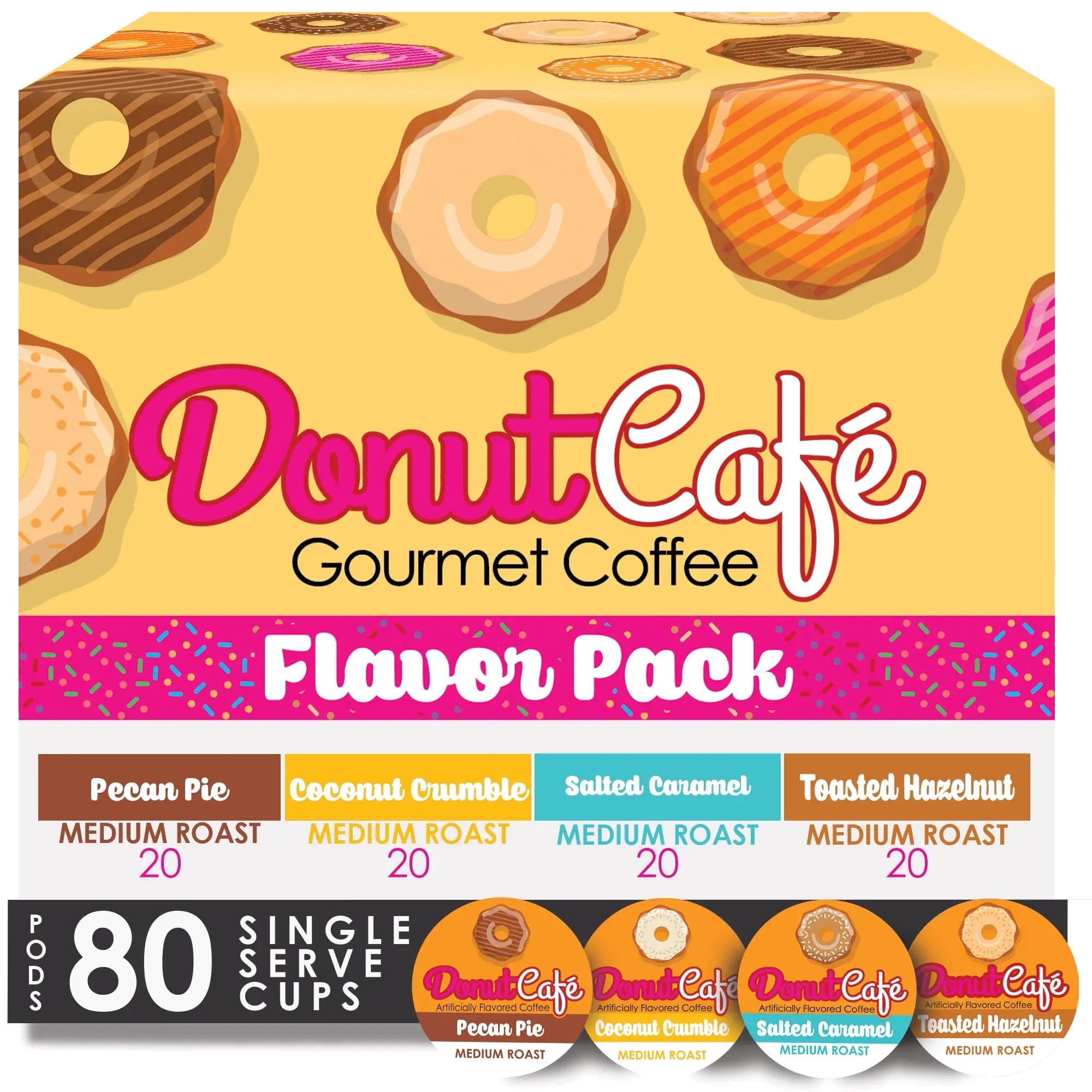 Donut Cafe Gluten-Free Medium Roast Multi-Flavor Coffee Pods Variety Pack (Pecan, Coconut, Salted Caramel, Hazelnut) - 80 Ct Beverage, Medium Roast Coffee Capsules & Pods, Multi-Flavor Coffee Capsules & Pods