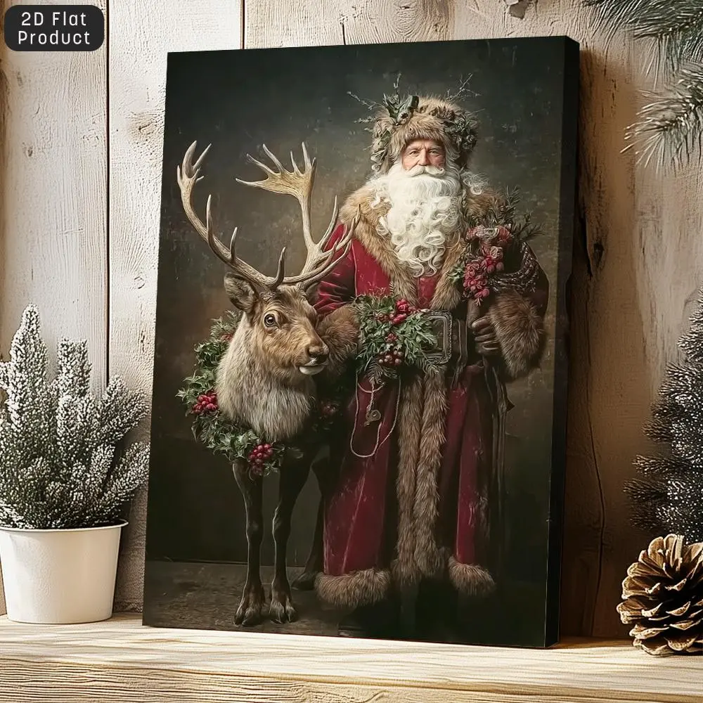 Santa Claus Holding Christmas Tree and Christmas Grass Wooden Canvas Print - Vertical Frame Christmas Wall Art with Wrapped Frame, Red and Gold Holiday Decoration, Suitable for Home, Office, Reading Room - Classic Santa Claus Painting without Batteri