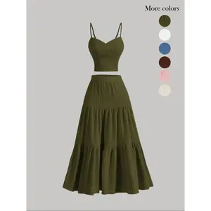 2PC Women's Solid Crop Cami Top & A-Line Skirt Two-piece Set, Casual Fashion Cozy Outfits for Daily Outdoor Wear, Ladies Clothes for Summer