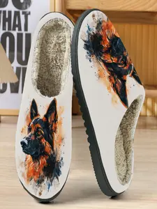 Watercolor German Shepherd Cotton Slippers, Base with Blue Ink Texture, Soft Plush Lining, Casual Home Shoes for Fall & Winter