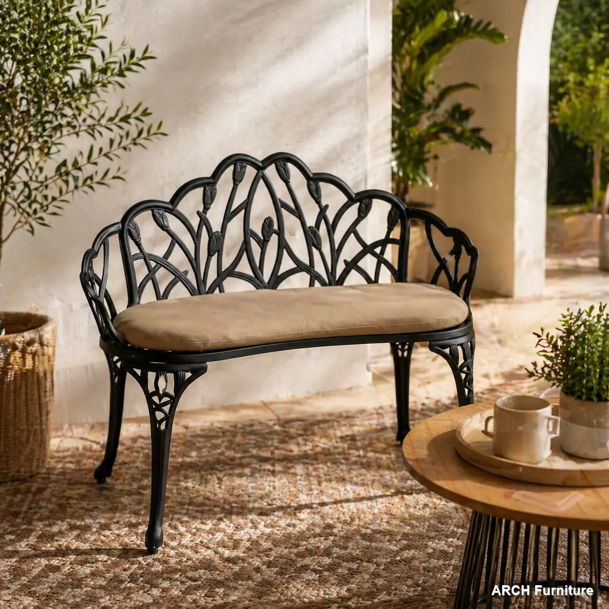 Ergonomic Rust-Free Aluminum Arch Tulip Cast Aluminum Patio Bench - Outdoor Rated Cushioned Black Metal Furniture with Floral Rose Design, Indoor Outdoor Bench for Patio, Lawn, Rust-Free Aluminum Benches