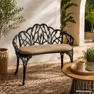 Ergonomic ARCH Tulip Cast Aluminum Patio Garden Bench - Black Metal Outdoor Furniture with Floral Rose Design, Cushioned, Aluminium Construction for Patio, Lawn,summervibes