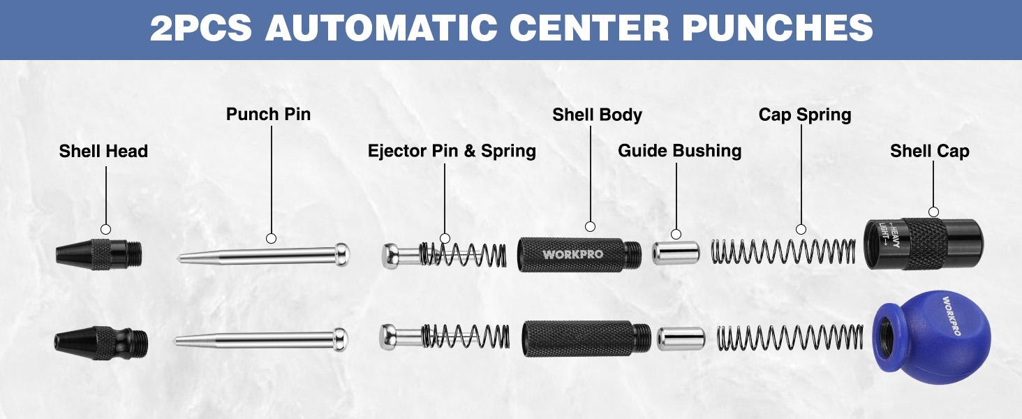 #backtoschool WORKPRO Automatic Center Punch, Extra Replacement Tip, Adjustable Spring Loaded Center Punch, Metal Punch Tool, Center Hole Punch for Wood, Metal, Plastic #backtoschool WORKPRO Automatic Center Punch, Extra Replacement Tip, Adjustable Spring Loaded Center Punch, Metal Punch Tool, Center Hole Punch for Wood, Metal, Plastic