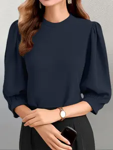 Women's Plain Bishop Sleeve Button Blouse, Casual Solid Color Keyhole Neckline 3/4 Sleeve Top for Spring & Fall, Women's Clothing for Daily Wear