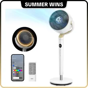 SummerWins|DREO Smart Pedestal Fan for Bedroom, 120°+120° Omni-Directional Oscillation, Quiet 100ft Cooling Fan with RGB Light, 9 Speeds, 6 Modes, 20dB Quiet, 8H Timer, Wi-Fi Voice & Alexa Control, 37-42" Adjustable Height Floor Fan with Remote