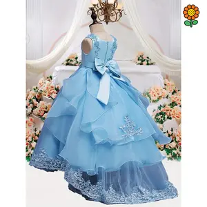 DZP-Elegant Blue Princess Tulle Dress for Girls - Sleeveless, Round Neck, Long Flowing Gown with Floral Embellishments, Perfect for Weddings, Pageants, and Special Occasions, Princess Dress for Girls Roundneck Longlength Ballgown