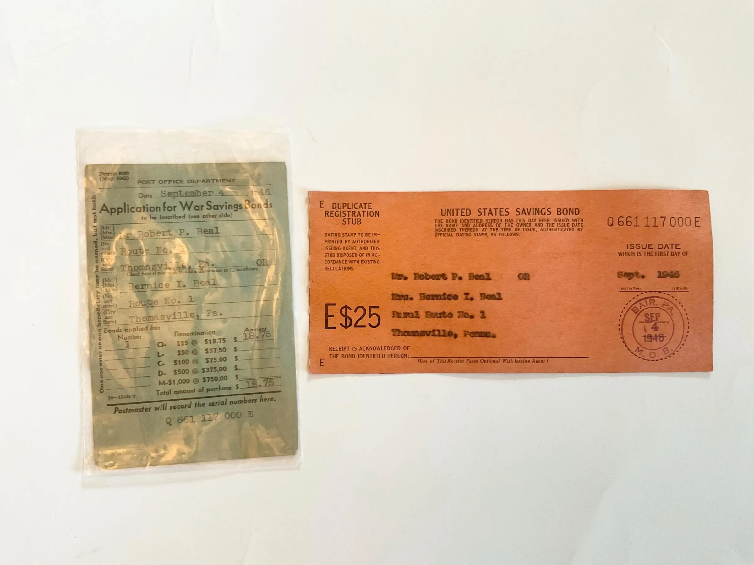 WWII War Bond Ephemera Set: Original Application & Receipt - 1945 US Treasury Collectible