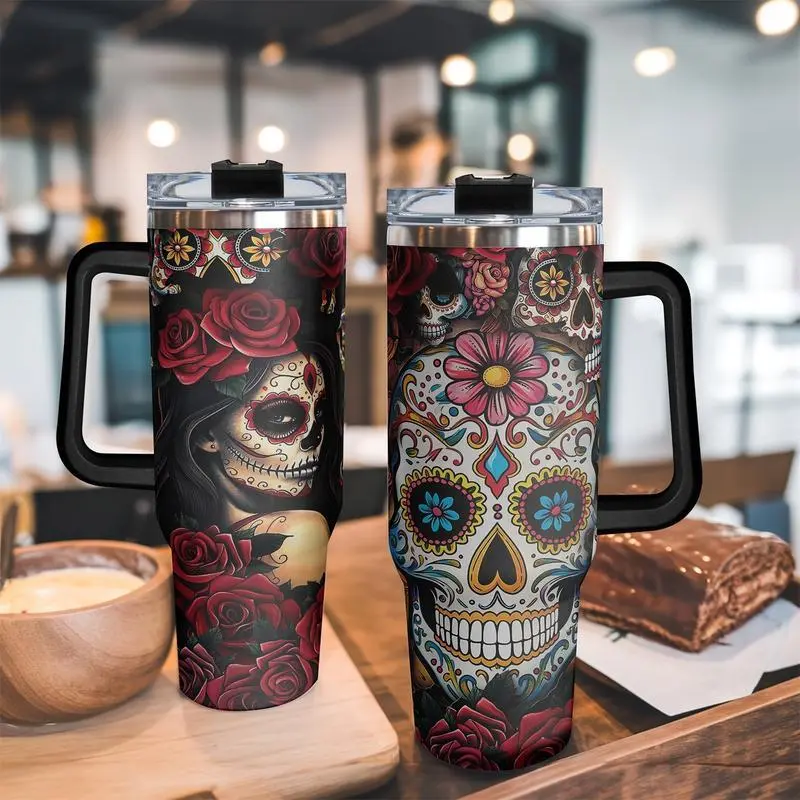 Sugar Skull 40oz Insulated Tumbler with Handle, Lid and Straw - Day of the Dead La Catrina, Mexican Día de los Muertos Red Roses Floral Print, Gothic Halloween Gift Insulated Stainless Steel Travel Mug, Gift for Women Men