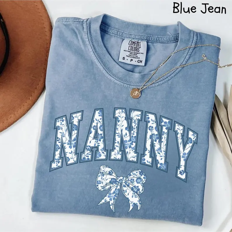 Comfort Colors Floral Toile Nanny Shirt, Blue Ribbon Nanny Shirt, Mothers Day Gift, Girly Aesthetic Gift For Grandma, Mom Bow Chinoiserie Graphic Tees