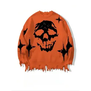 Men's Ripped Graphic Drop Shoulder Sweater, Loose Casual Street Soft Comfy Long Sleeve Round Neck Knit Tops, Jumper for Fall, Fashion Men's Knitwear for Daily Wear, Knitted Sweater, Mens Clothing, Trendy Clothes, Vintage Clothing,  Y2k Clothing